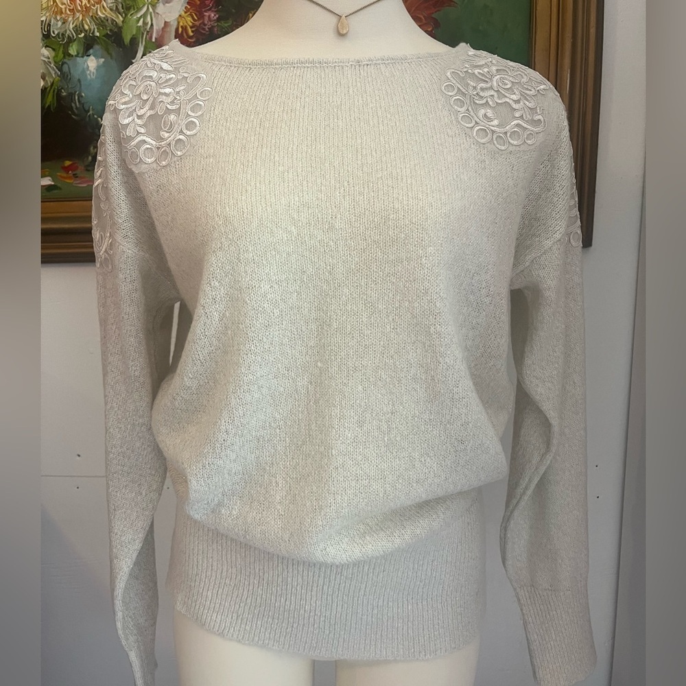 Elle Grey/White Sweater with Embroidered Accents